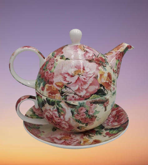 Rambling Rose fine China teapot and plate for one by Maxwell & Williams