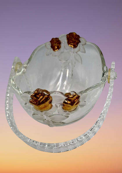 Clear Glass Basket with Collapsible Plastic Handle, Gold Roses and Frosted Leaves, Crystal Look