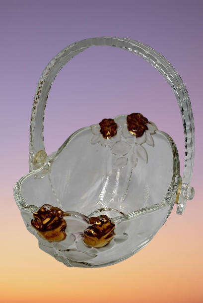 Clear Glass Basket with Collapsible Plastic Handle, Gold Roses and Frosted Leaves, Crystal Look