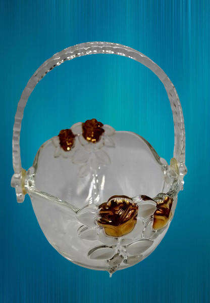 Clear Glass Basket with Collapsible Plastic Handle, Gold Roses and Frosted Leaves, Crystal Look