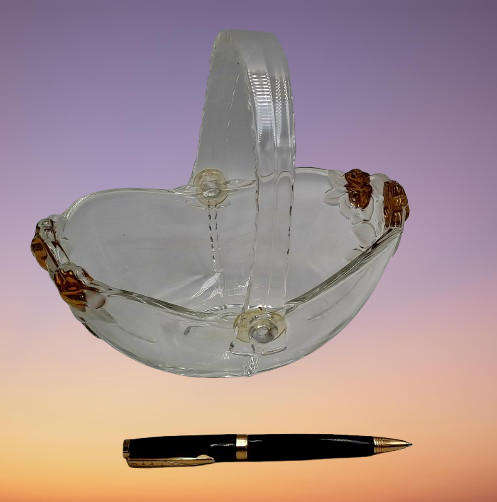 Clear Glass Basket with Collapsible Plastic Handle, Gold Roses and Frosted Leaves, Crystal Look