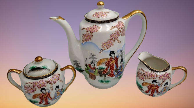 17pc Vintage SOKO China Lithopane moriage geisha  -Fine Porcelain Teaset Hand Painted - Japan
