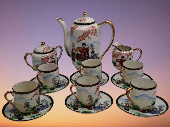 17pc Vintage SOKO China Lithopane moriage geisha  -Fine Porcelain Teaset Hand Painted - Japan