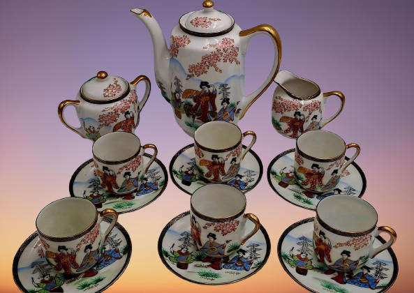 17pc Vintage SOKO China Lithopane moriage geisha  -Fine Porcelain Teaset Hand Painted - Japan