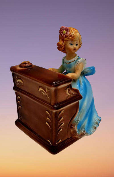 Music Box Rotating Girl Playing Piano Ceramic Figurine Ornament Japan (Love Story Theme) Damaged