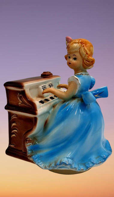 Music Box Rotating Girl Playing Piano Ceramic Figurine Ornament Japan (Love Story Theme) Damaged