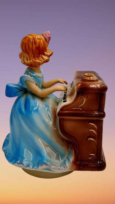 Music Box Rotating Girl Playing Piano Ceramic Figurine Ornament Japan (Love Story Theme) Damaged