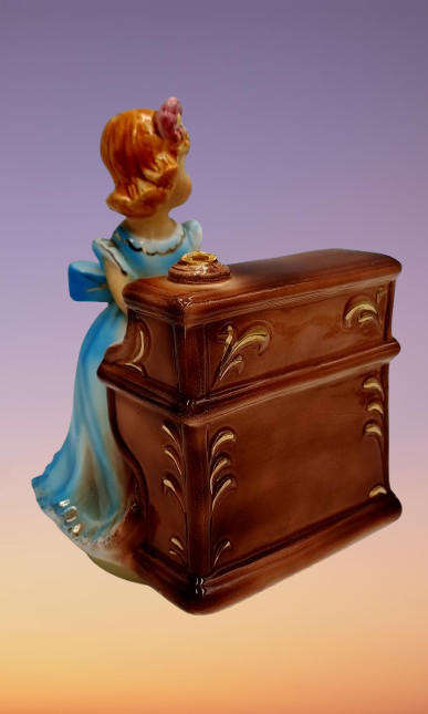 Music Box Rotating Girl Playing Piano Ceramic Figurine Ornament Japan (Love Story Theme) Damaged