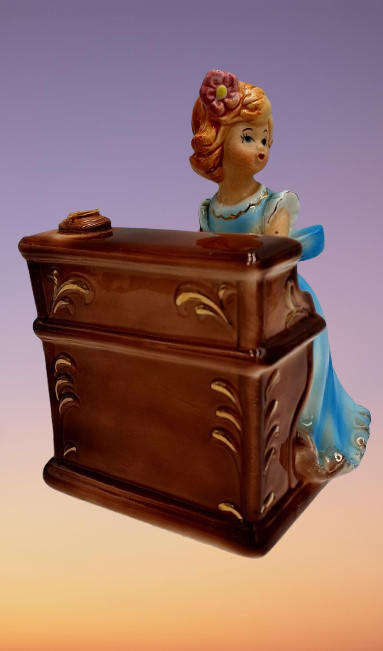 Music Box Rotating Girl Playing Piano Ceramic Figurine Ornament Japan (Love Story Theme) Damaged