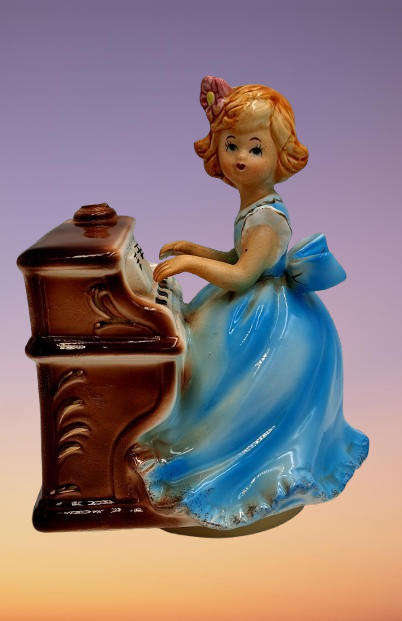 Music Box Rotating Girl Playing Piano Ceramic Figurine Ornament Japan (Love Story Theme) Damaged