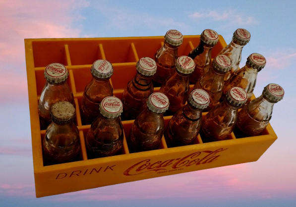 Vintage miniature Coca-Cola crate with 15 glass miniature Coca-Cola bottles