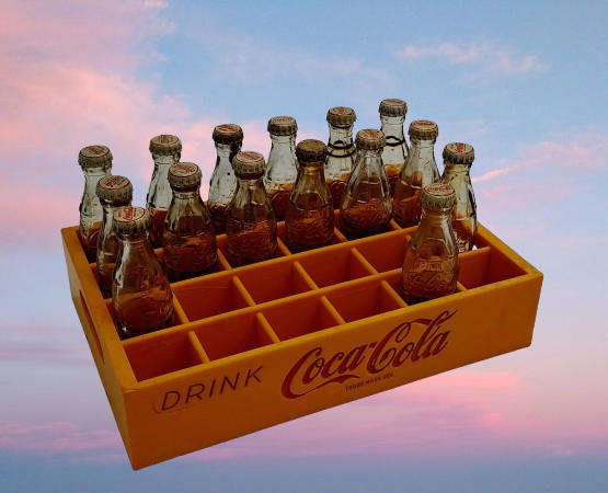 Vintage miniature Coca-Cola crate with 15 glass miniature Coca-Cola bottles