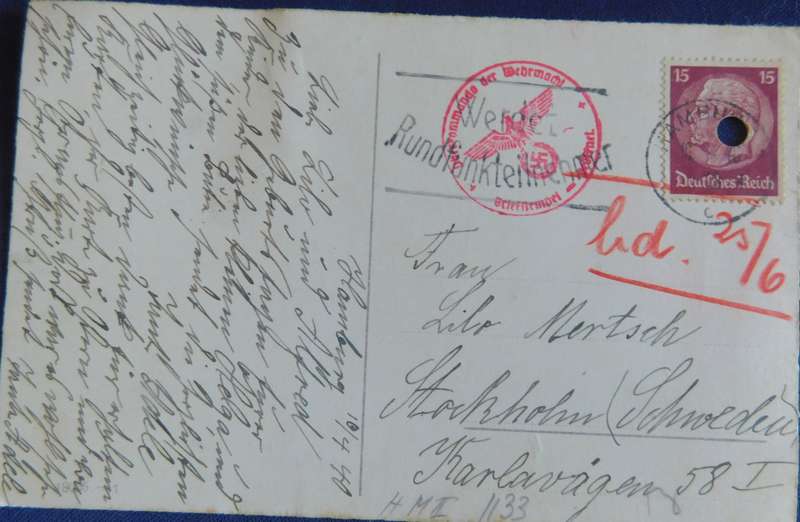 POSTCARD - From Stockholm to Gernmany, with war postmark and 15 Pf German Reich Stamp.