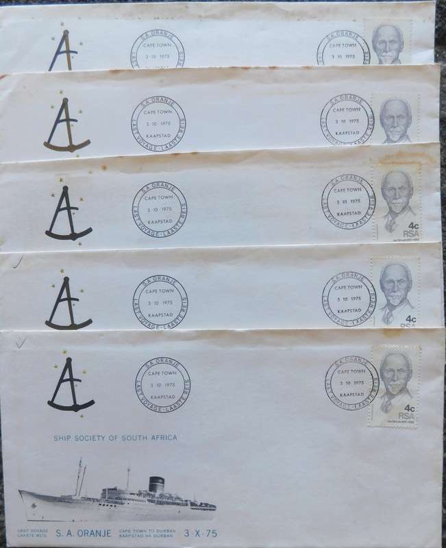 STAMPS - RSA FDC 1975 - Last Voyage of the S.A. Oranje. (Collection of 5)