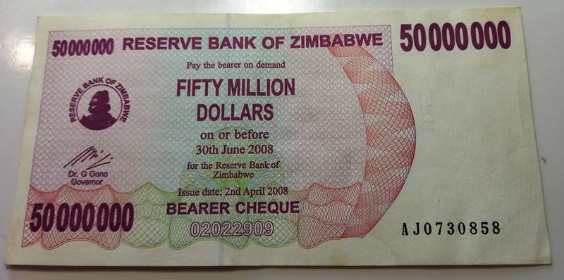 50 Million Dollars Bank Note From Zimbabwe