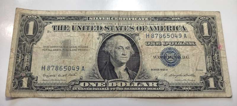 USA, 1957 Blue seal, 1 Dollar note,  " IN SILVER PAYABLR  TO THE BEARER ON DEMAND" Discontinued