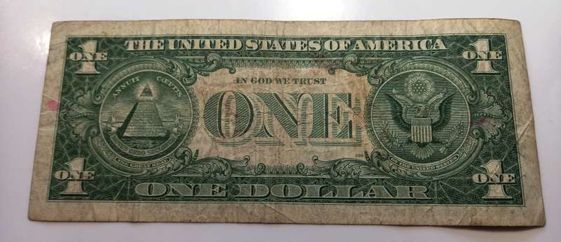 USA, 1957 Blue seal, 1 Dollar note,  " IN SILVER PAYABLR  TO THE BEARER ON DEMAND" Discontinued
