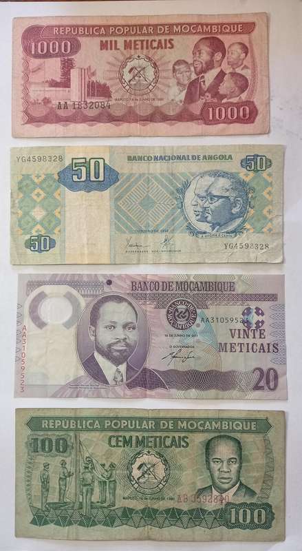 Mozambique notes, 1000, 100, 20.    (50 Kwanzas, Angola)