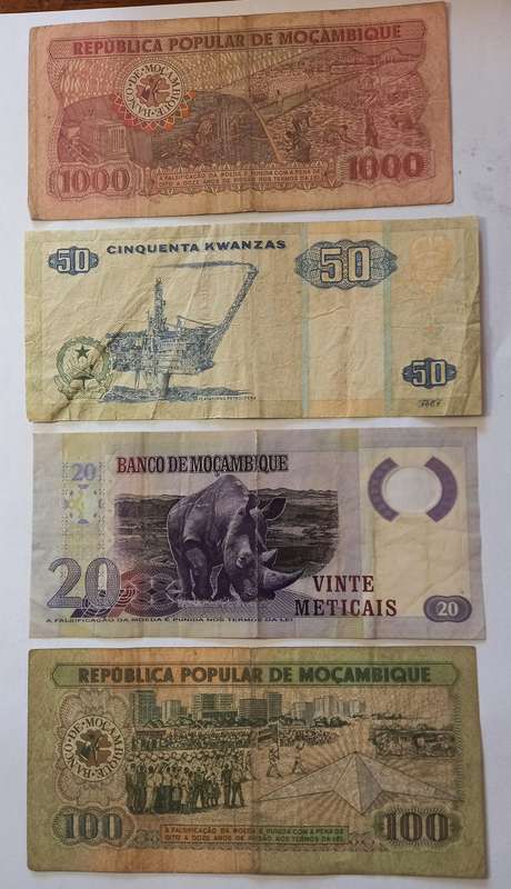 Mozambique notes, 1000, 100, 20.    (50 Kwanzas, Angola)