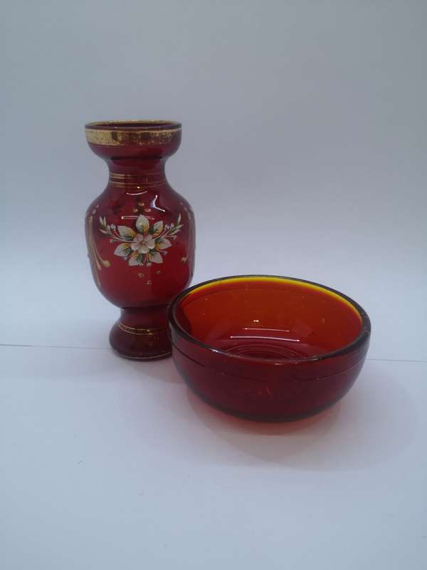 Red glass hand painted vase and red glass bowl combo