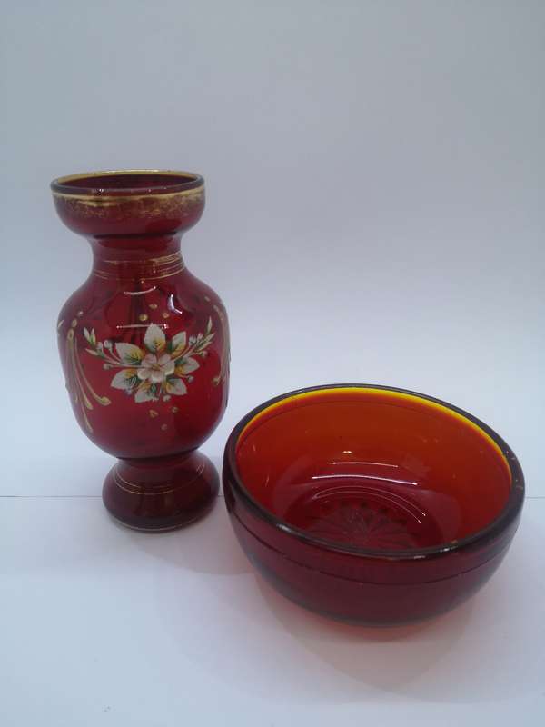 Red glass hand painted vase and red glass bowl combo