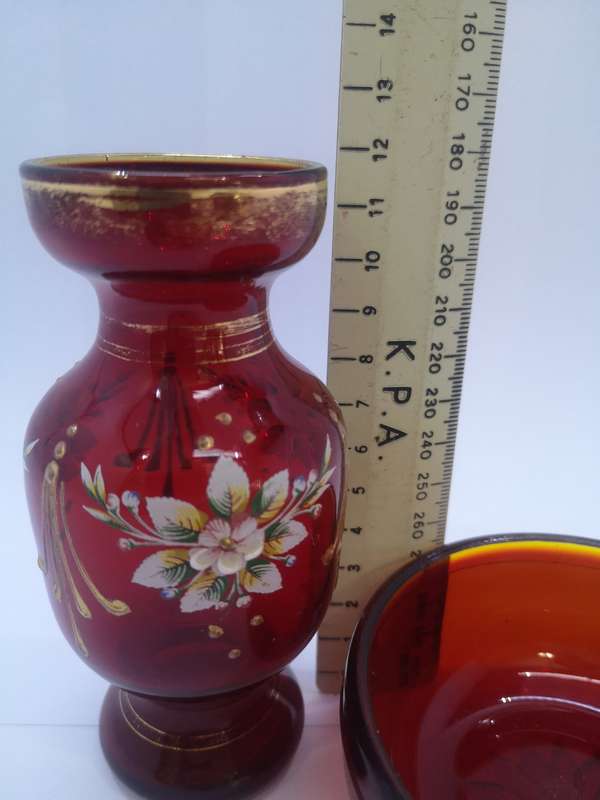 Red glass hand painted vase and red glass bowl combo