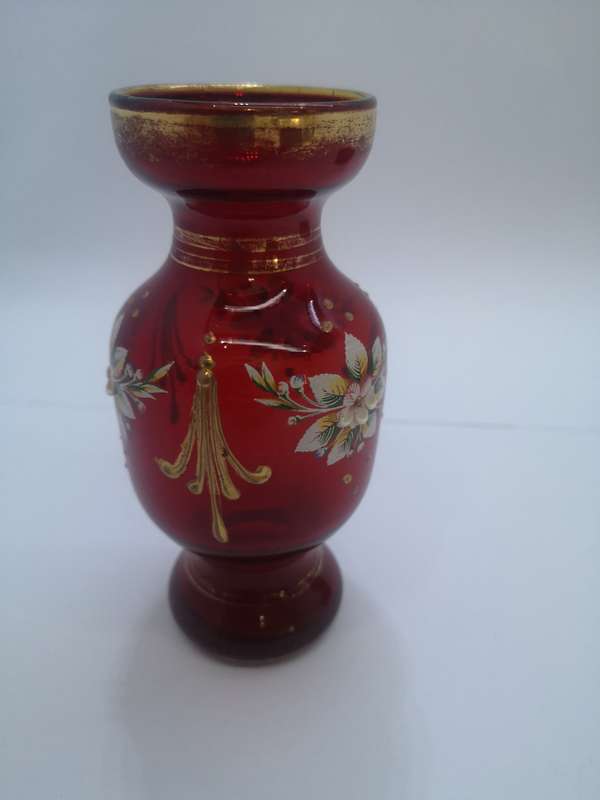 Red glass hand painted vase and red glass bowl combo