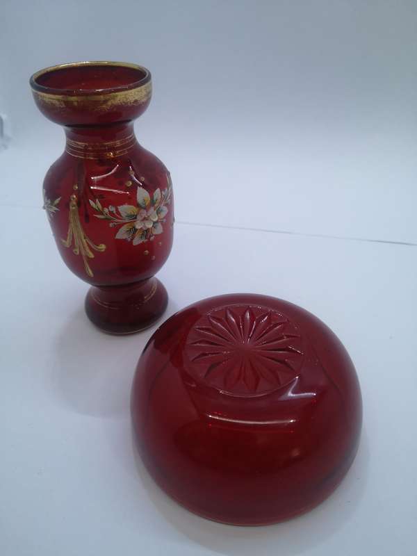 Red glass hand painted vase and red glass bowl combo