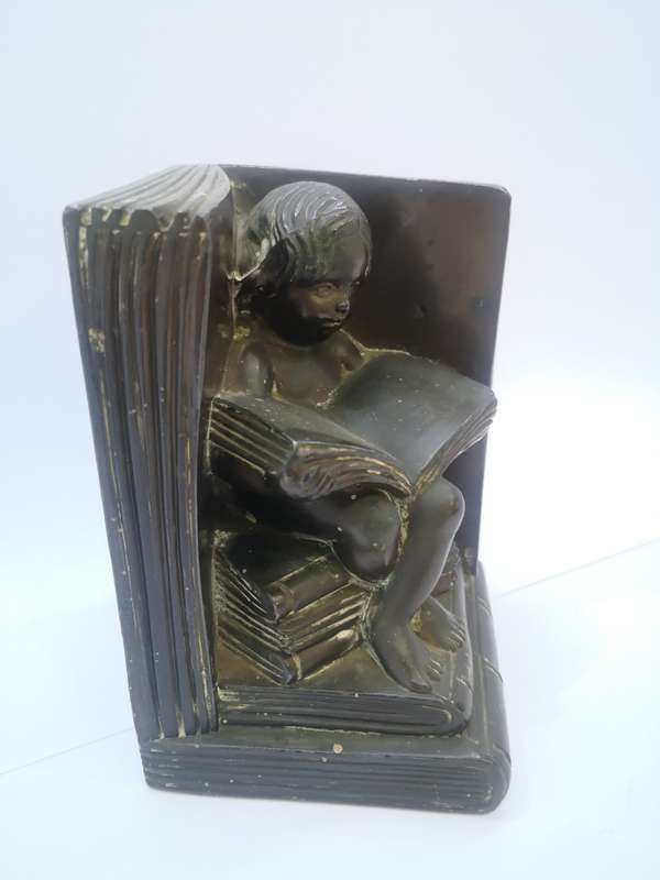 Vintage bronze book end - Girl with books