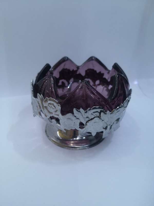 Purple glass liner in silver basket