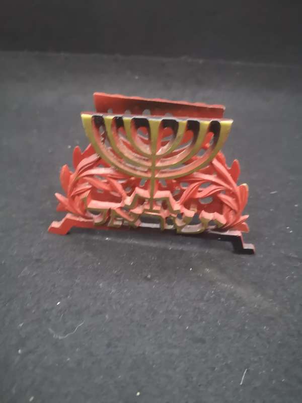 Vintage Judaica Menorah cast brass painted napkin/business card holder