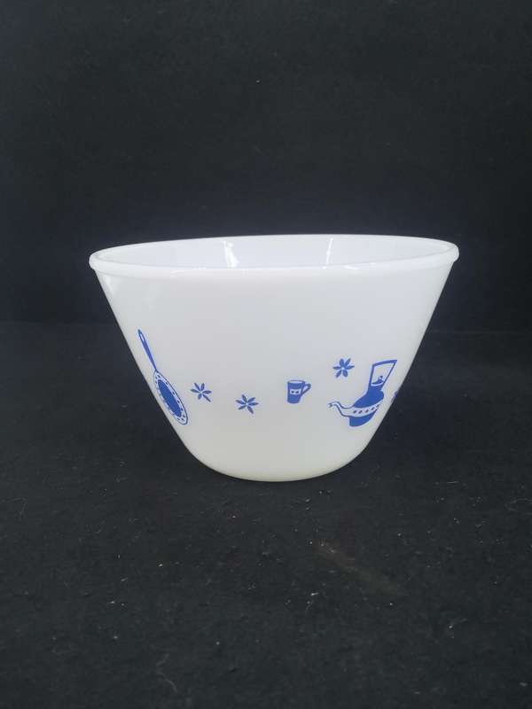 Vintage milk glass mixing bowl with blue detail