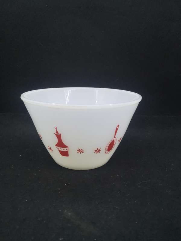 Vintage milk glass mixing bowl with red detail