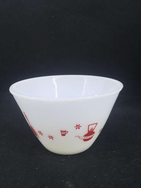 Vintage milk glass mixing bowl with red detail