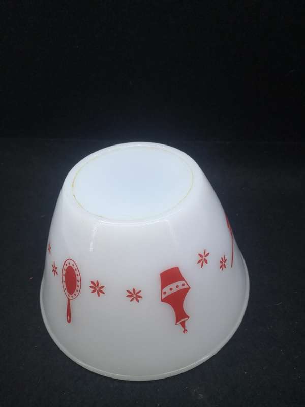 Vintage milk glass mixing bowl with red detail