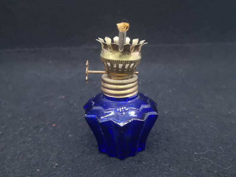 Vintage blue glass small oil lamp made in Hong Kong