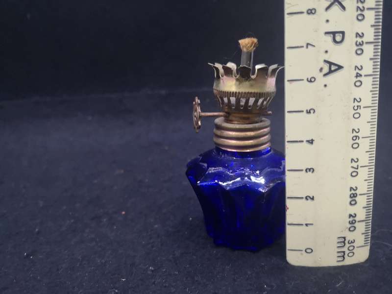 Vintage blue glass small oil lamp made in Hong Kong