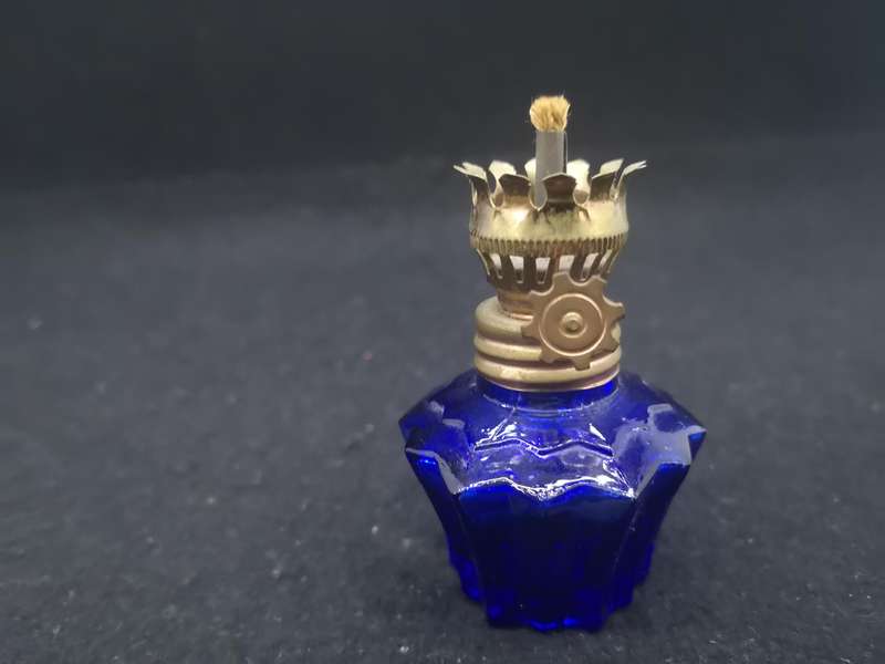 Vintage blue glass small oil lamp made in Hong Kong