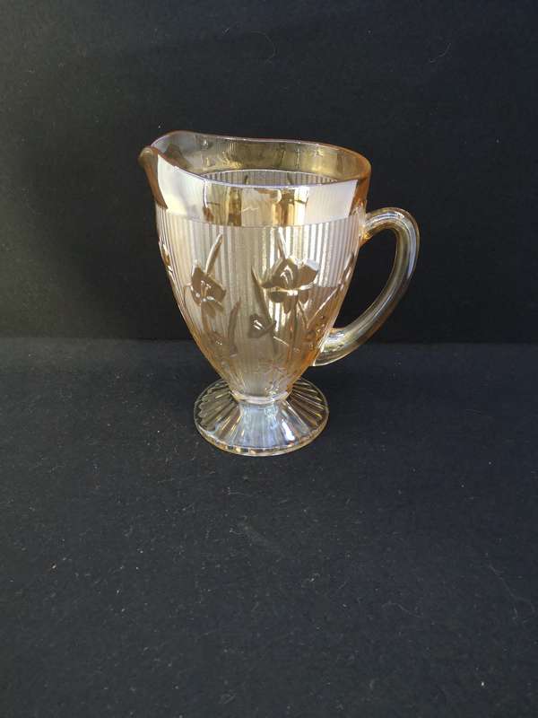 Vintage Jeanenette Iris & Herringbone Amber Carnival glass pitcher
