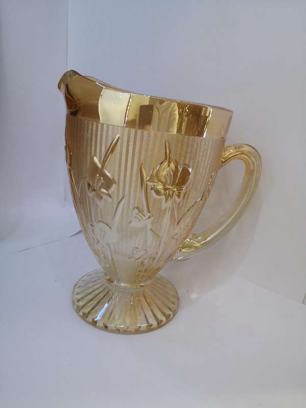 Vintage Jeanenette Iris & Herringbone Amber Carnival glass pitcher
