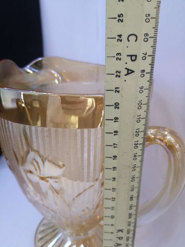 Vintage Jeanenette Iris & Herringbone Amber Carnival glass pitcher