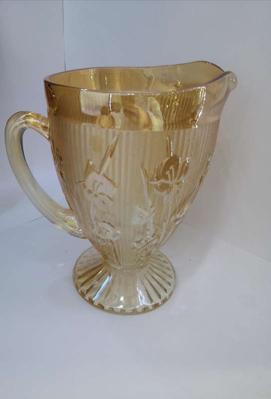 Vintage Jeanenette Iris & Herringbone Amber Carnival glass pitcher
