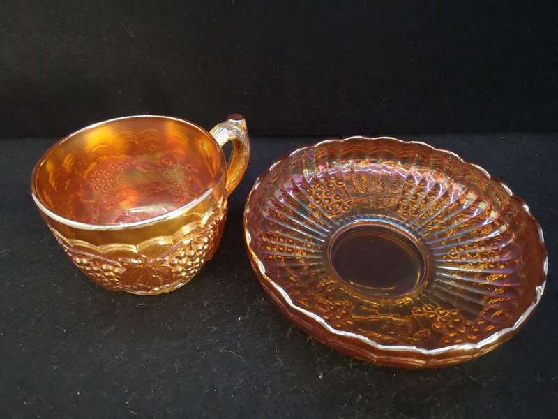 Carnival glass Imperial Grape cup and saucer