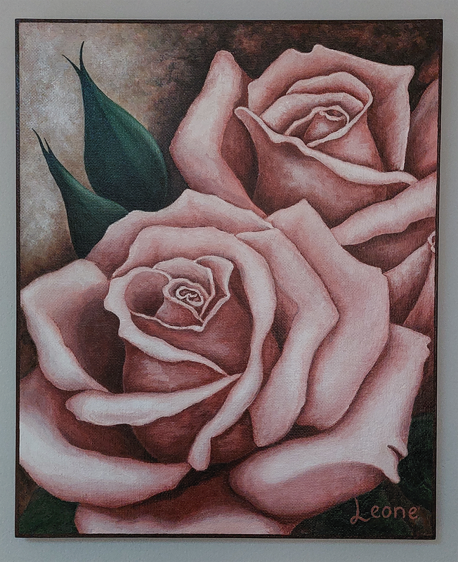 Pink Roses (by Leone) (60 x 73 x 2cm), acrylic on board, and varnished
