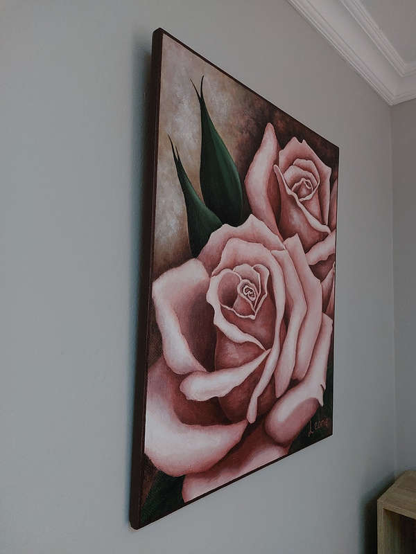 Pink Roses (by Leone) (60 x 73 x 2cm), acrylic on board, and varnished