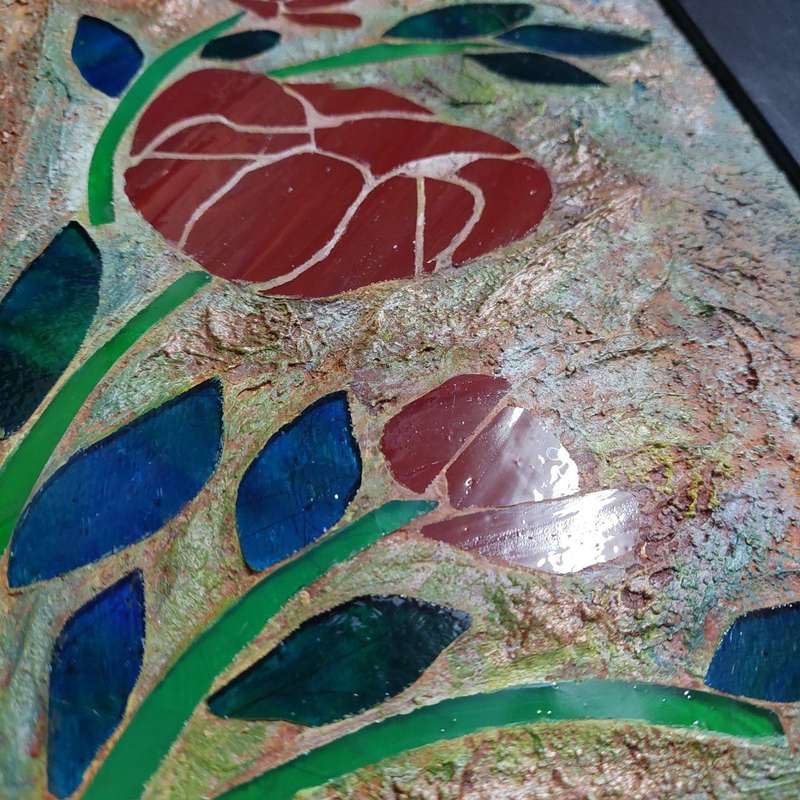 Red Poppies Artwork with Stained Glass inserts - 36.5cm x 28cm