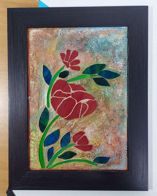 Red Poppies Artwork with Stained Glass inserts - 36.5cm x 28cm