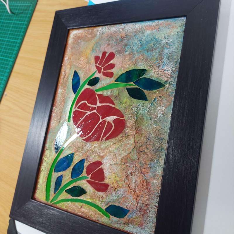 Red Poppies Artwork with Stained Glass inserts - 36.5cm x 28cm