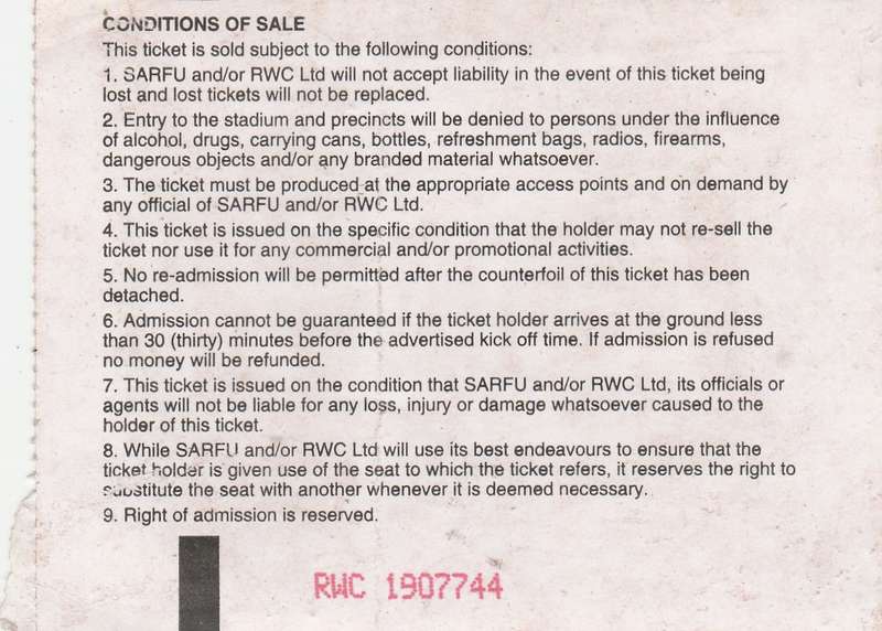 Rugby World Cup 1995 New Zealand vs Wales ticket