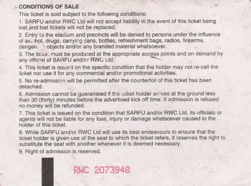 Rugby World Cup 1995 Quarter Final ticket
